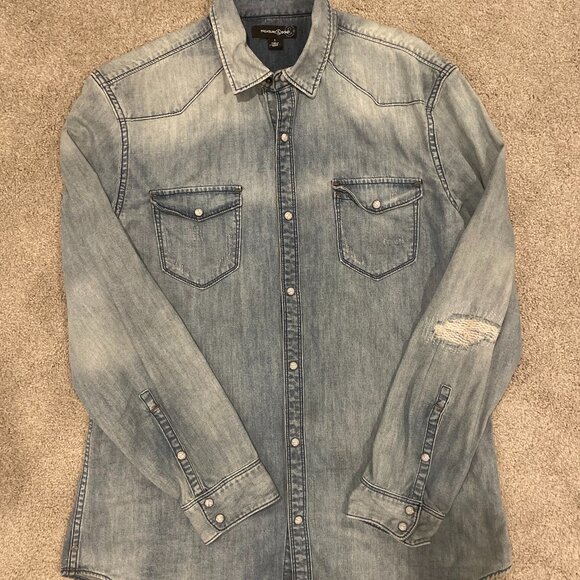 Men's Treasure & Bond Blue Cotton Long Sleeve Snap-Up Denim Shirt - Picture 1 of 3